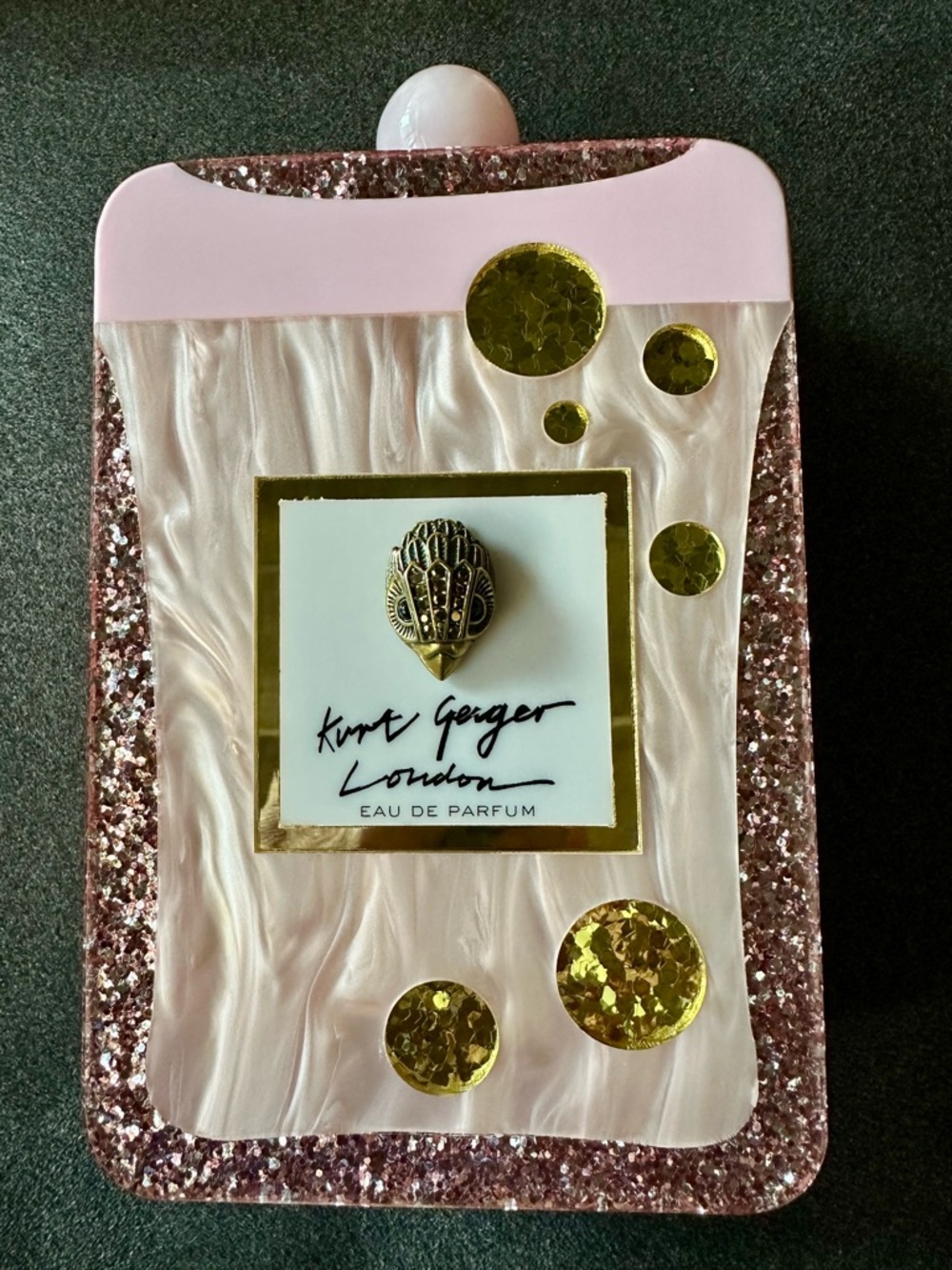 NEW Kurt Geiger Pink Pearl Rose Gold Glitter Perfume Bottle Clutch Shoulder Bag